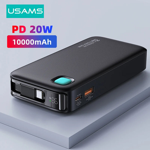 USAMS 20W PD Power Bank 10000mAh with Retractable Cable - Fast Charging Portable External Battery Charger for Smartphones