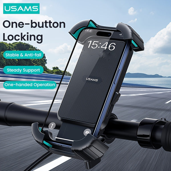 USAMS Bike & Motorcycle Phone Mount Holder - Secure One-Button Lock, 360° Rotation, Fits All Smartphones Up To 6.7" - Black